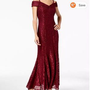 R & M Richards Off-The-Shoulder Petite Lace Gown
